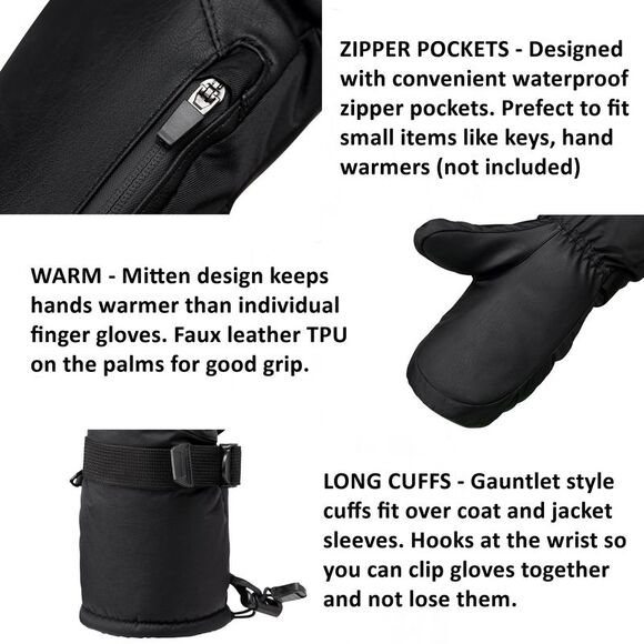 Alpine Swiss Mens Waterproof Snow Gloves Zipper Pockets Winter Sport Mittens - Picture 4 of 6